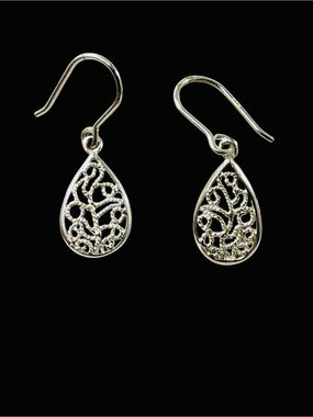 Sunstone Imports Sterling Silver 925 Filigree Teardrop Dangle Wire Hook Earrings